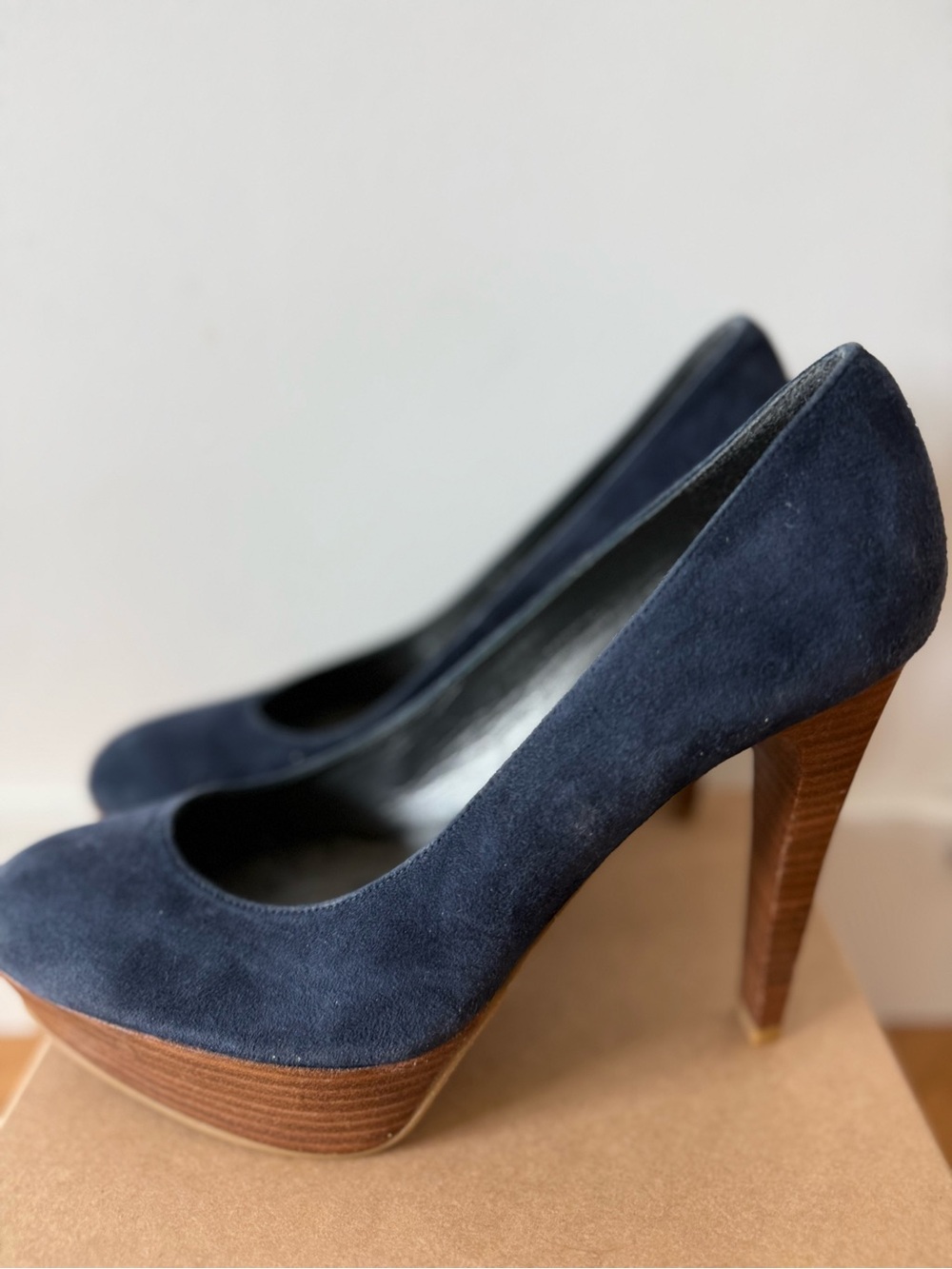 Stuart Weitzman Navy Suede Platform Pumps with Wood Heel